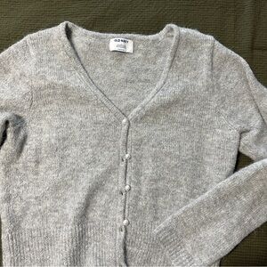 Fuzzy gray cardigan with pearl buttons